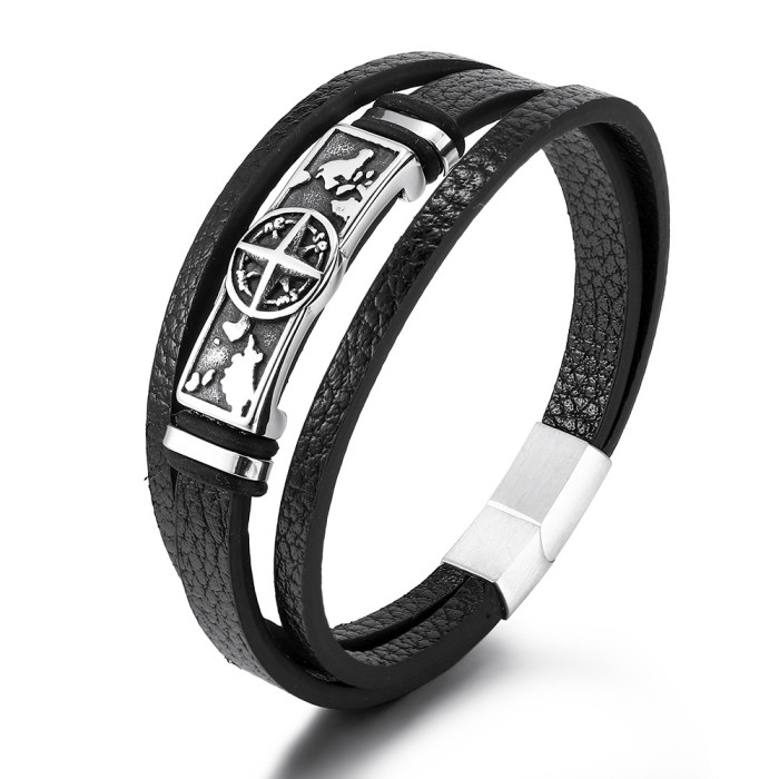 E-commerce Retro Multi-layer Cow Leather Titanium Steel Men's Bracelet Stainless Steel Style Bracelet in Stock Wholesale