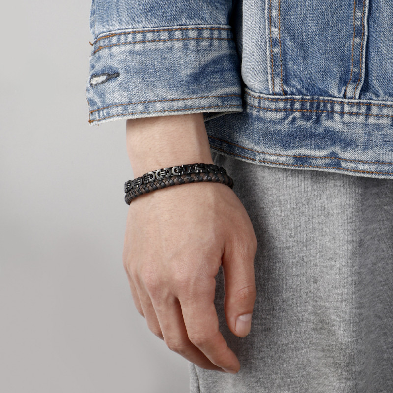 Amazon New Stainless Steel Chain Thick Chain Braided Double Layer Leather Bracelet Men's Hip Hop Fashion Bracelet In Stock