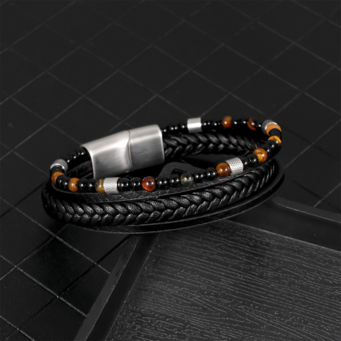 Fashion Versatile Men's Woven Leather Bracelet Simple Natural Stone Beaded Bracelet Stainless Steel Magnetic Clasp Je...
