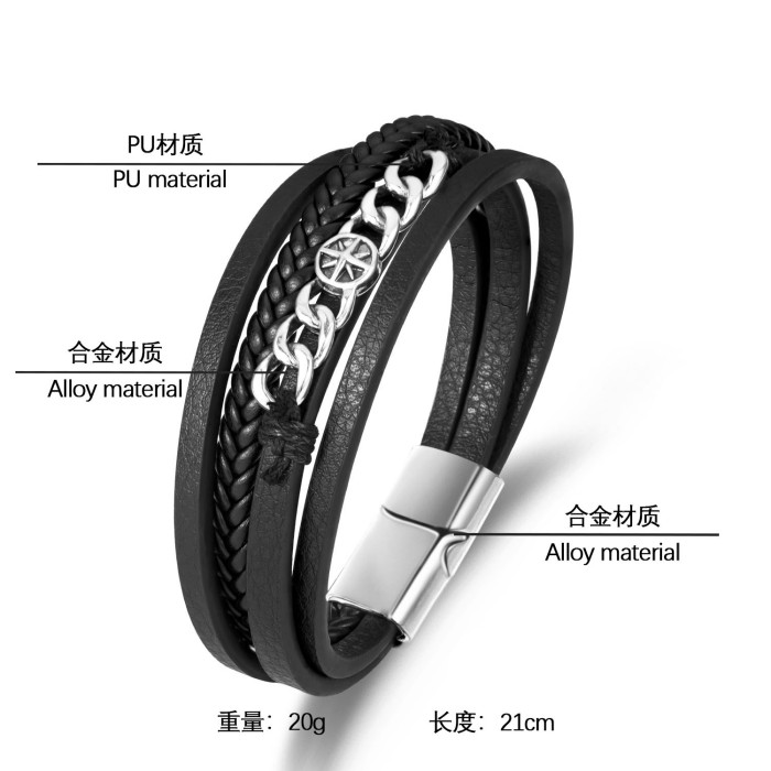 E-commerce Hot Selling Hexagram Personalized Zinc Alloy Vintage Multi-layer Braided Bracelet Trendy Titanium Steel Br...