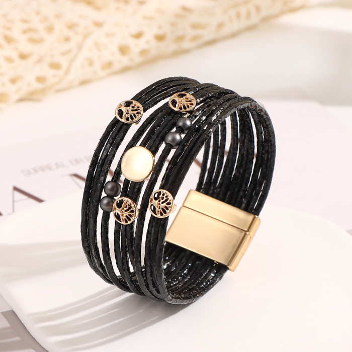 New Bohemian Style Women's Tree of Life Bracelet Alloy Magnetic Clasp Multi-layer PU Leather Mixed Fashion Bangle