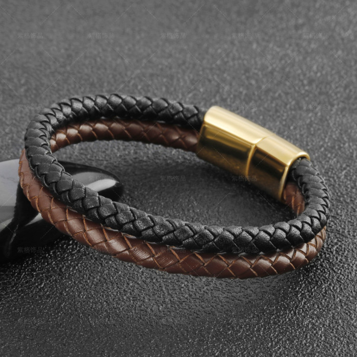 Cross-Border New Retro Men's Leather Rope Braided Multi-Layer Bracelet Stainless Steel Magnetic Clasp Bracelet Titanium Steel Jewelry