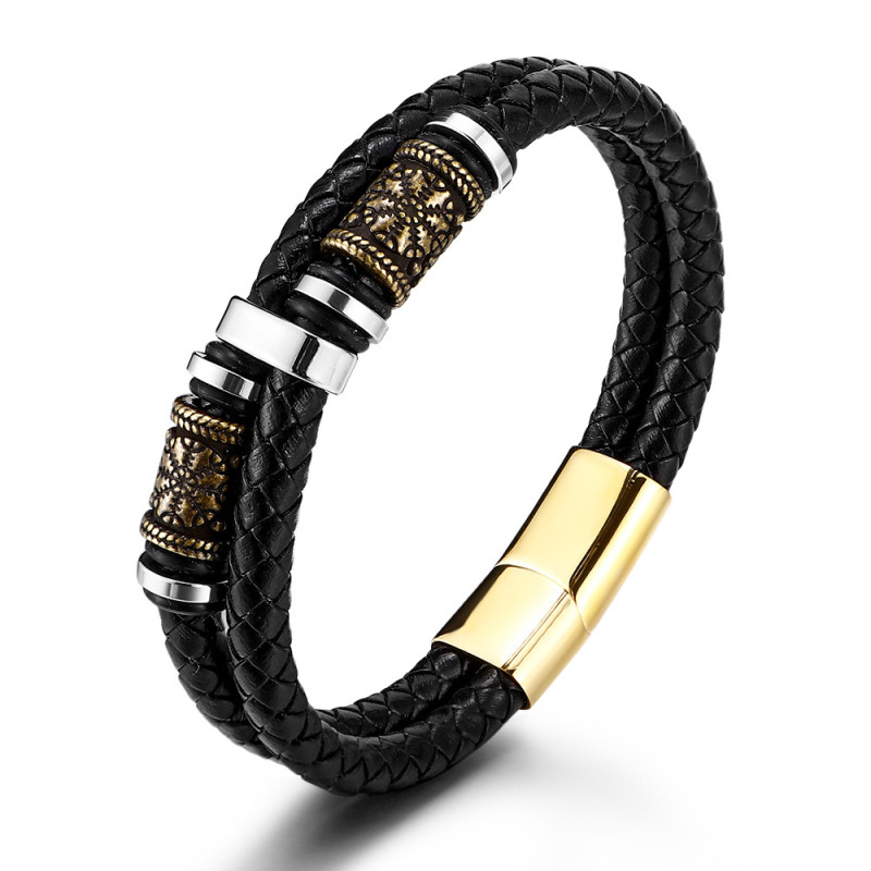 Nordic Viking Men's Multi-layer Leather Braided Bracelet Stainless Steel Magnetic Clasp Leather Cord Bracelet Jewelry In Stock Wholesale