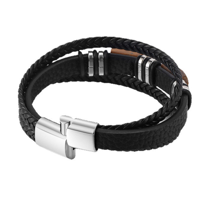 ​ ​ Exclusive Natural Tiger Eye Stone Bracelet for Men Multi-layer Leather Woven Stainless Steel Magnetic Clasp Bangle