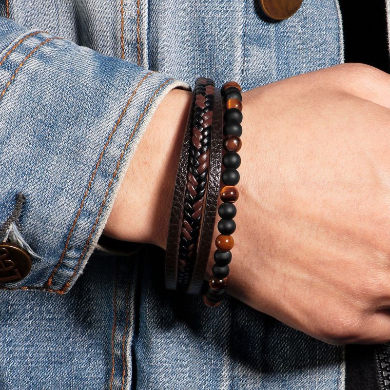 Amazon Hot Selling Natural Tiger Eye Stone Beaded Men's Bracelet Handmade Woven Multi-layer Leather Bracelet In Stock Wholesale
