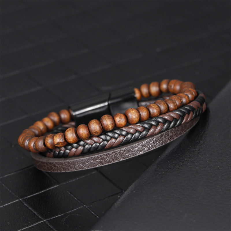 Simple Fashion Men's Bracelet European and American Style Leather Wood Bead Bracelet Alloy Magnetic Clasp Men's Handmade Woven Bracelet