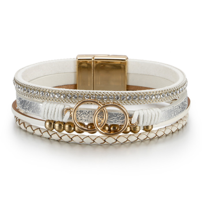 Amazon Hot Sale European and American Style Bracelet for Women Multi-layer Woven Leather Foreign Trade Double Circle Magnetic Clasp Jewelry In Stock