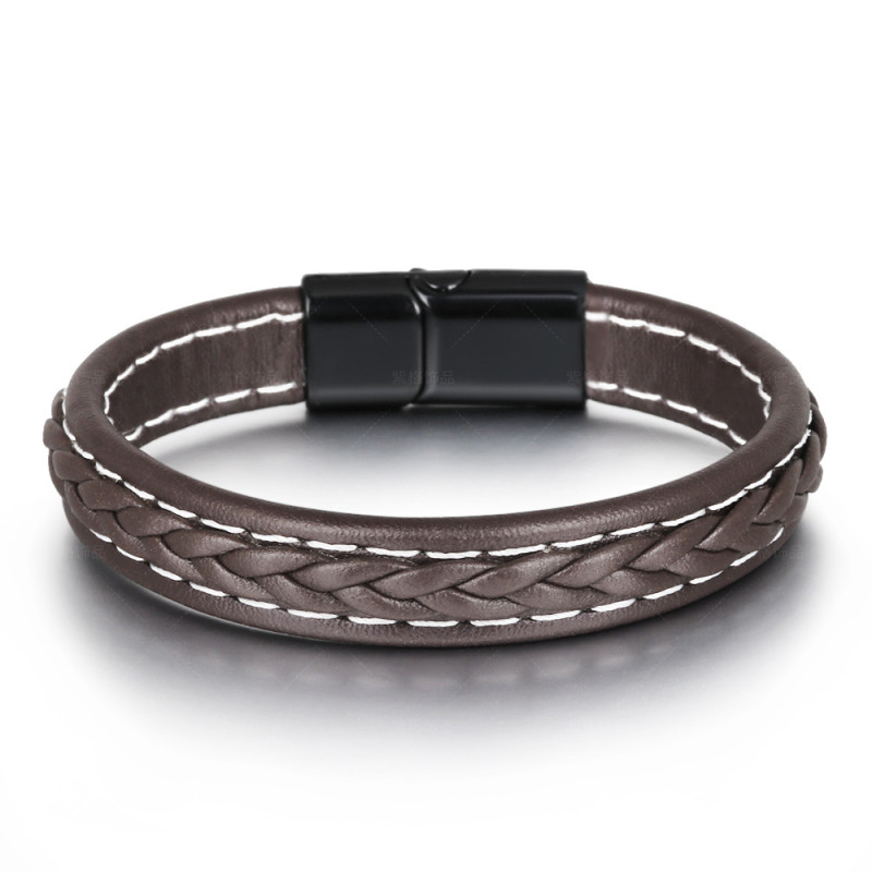 Cross-Border European and American Men's Bracelet Cowhide Handmade Original Niche Couple Simple Woven Leather Alloy Bracelet in Stock