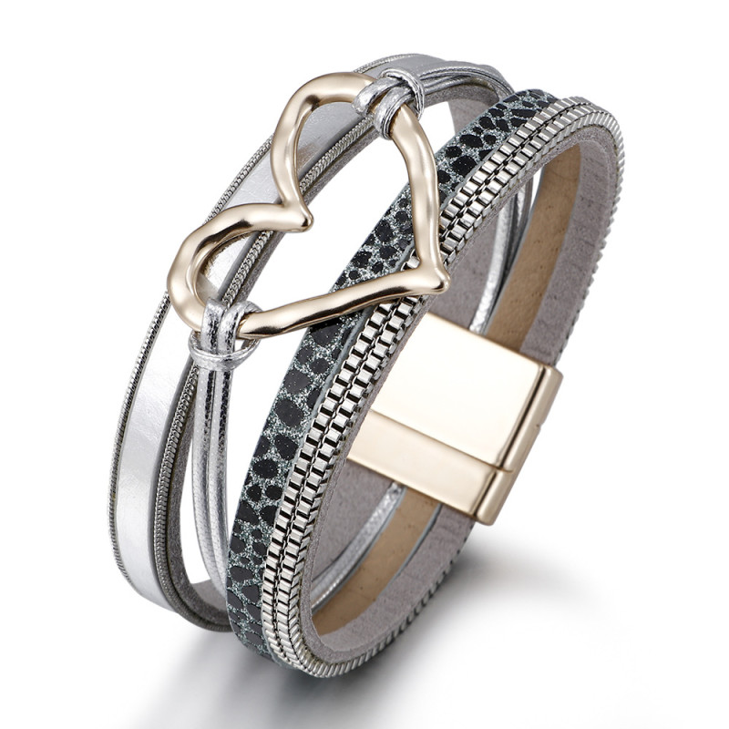 Amazon Cross-Border Bohemian Style Multi-Layer Leather Heart Bracelet for Women Fashion Magnetic Clasp Bracelet In Stock
