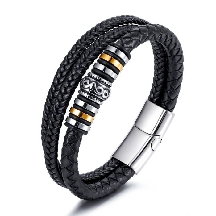 Amazon Cow Leather Woven Stainless Steel Bracelet Men's Titanium Steel Bangle Jewelry New Arrival Accessories