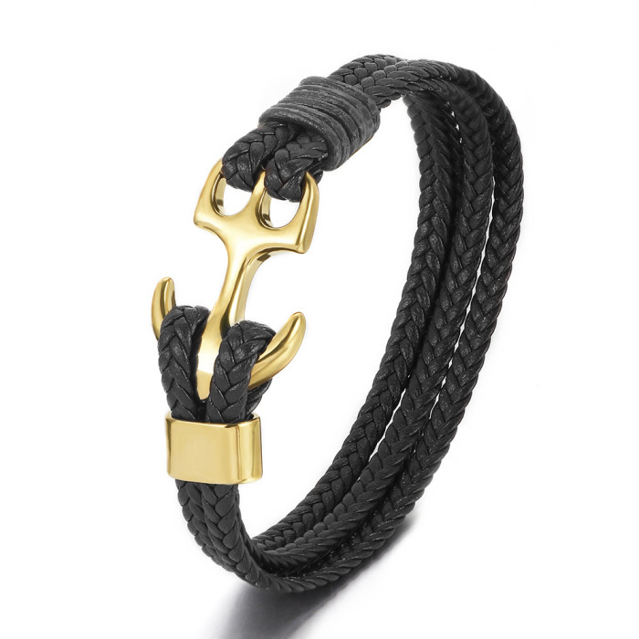 Retro Stainless Steel Men's Bracelet Multi-Layer Leather Microfiber Woven Titanium Steel Anchor Magnetic Bracelet Jew...
