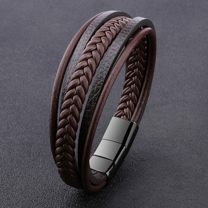 E-commerce New Product Retro Hand-Woven Men's Stainless Steel Leather Bracelet Titanium Steel Bangle Jewelry