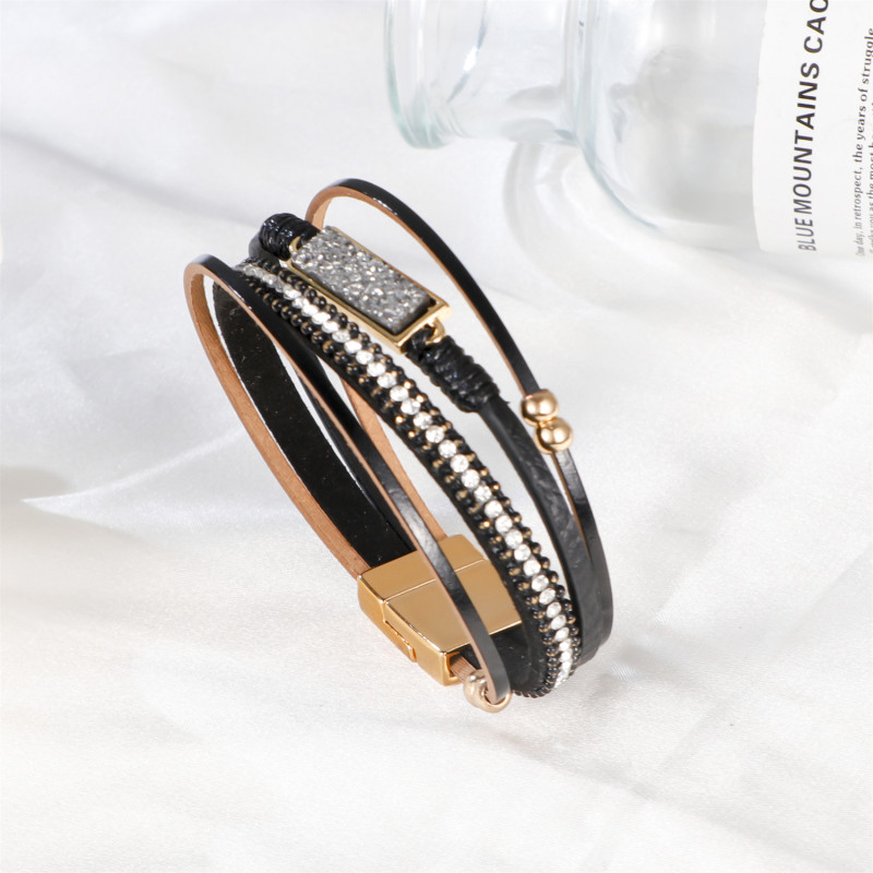 Fashion Versatile Bracelet Multi-layer PU Leather Rhinestone Crystal European and American Style Punk Alloy Magnetic Clasp Bracelet