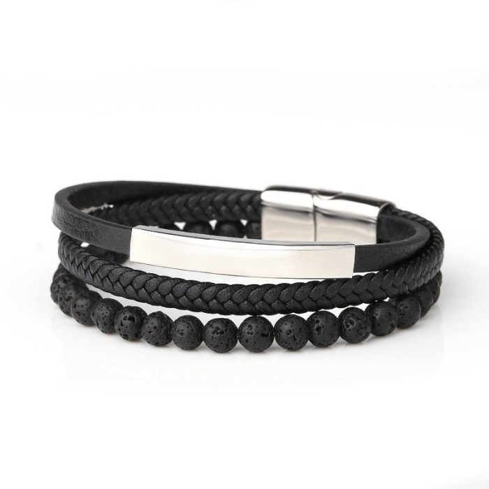 New Product Volcanic Natural Stone Beaded Stainless Steel Bracelet Men's Woven Cow Leather Jewelry Titanium Steel Bangle