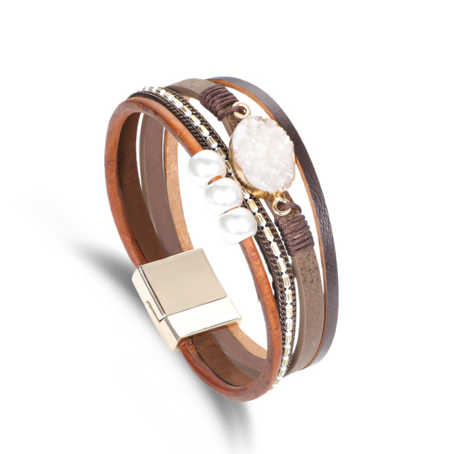 Bohemian Women's Bracelet Cross-Border Multi-Layer Spliced Leather Bracelet European and American Fashion Versatile Diamond-Studded Magnetic Clasp Bracelet