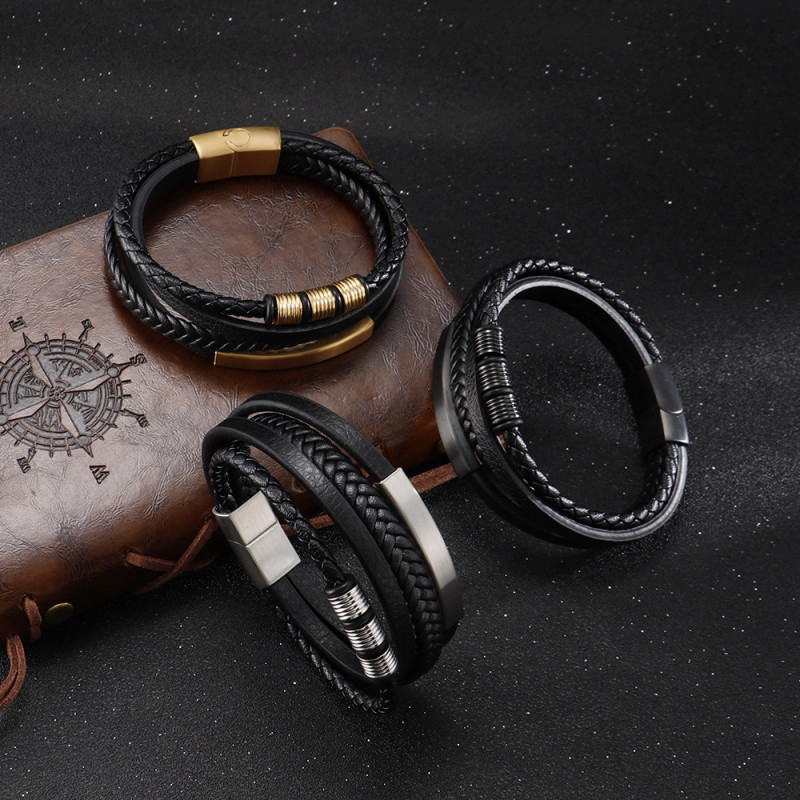 Cross-Border E-commerce Titanium Steel Braided Stainless Steel Bracelet Men's Titanium Steel Magnet Buckle Multi-Layer Leather Bracelet Wholesale