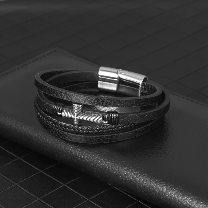 Simple Men's Woven Bracelet Fashion Versatile Multi-layer Leather Cross Jewelry Style Stainless Steel Bracelet