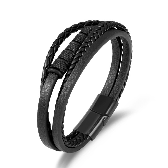 Multi-layer Woven PU Leather Bracelet Trend Alloy Beaded Men's Hip-hop Bracelet Source Factory