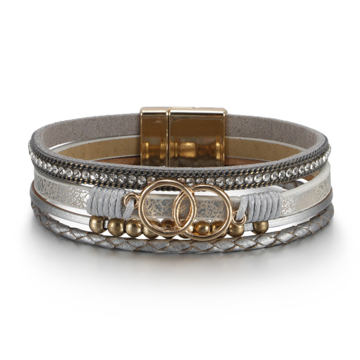 Amazon Hot Sale European and American Style Bracelet for Women Multi-layer Woven Leather Foreign Trade Double Circle Magnetic Clasp Jewelry In Stock