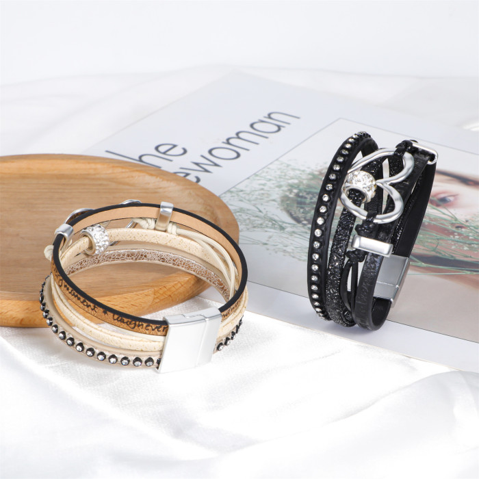 Bohemian Hollow Heart Multi-layer Leather Bracelet with Diamond Inlay and Magnetic Clasp Vintage Ethnic Style Bracelet