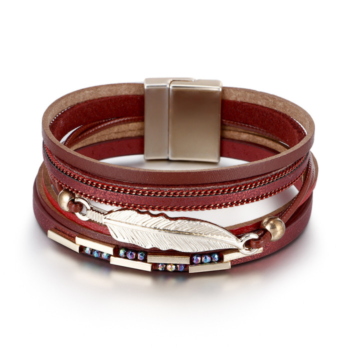 Amazon Hot Selling Handmade Woven Women's Feather Bracelet Wholesale Bohemian Multi-layer Leather Design Bracelet
