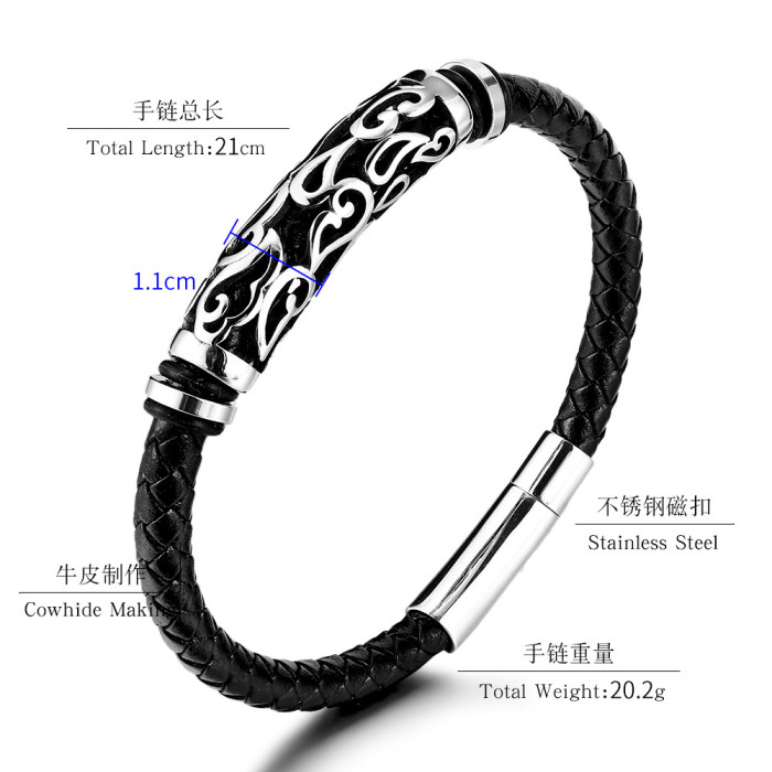 Amazon New Retro Style Stainless Steel Hollow Carved Leather Men's Bracelet Woven Titanium Steel Viking Bracelet