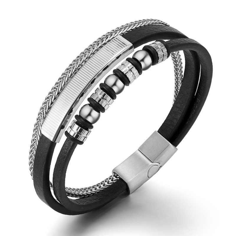 Cross-Border New Product Stainless Steel Genuine Leather Bracelet Men's European and American Style Steel Color Matte Magnetic Clasp Bracelet In Stock Wholesale