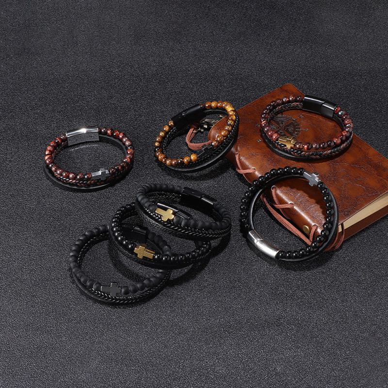 Amazon Natural Tiger Eye Stone Beaded Bracelet Wholesale Men's Cross Multi-layer Woven Leather Bracelet In Stock