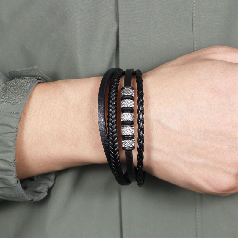 Simple Fashion Handmade Woven Zinc Alloy Silver Bead Leather Bracelet Wholesale Cross-Border Eco-Friendly PU Leather Bracelet
