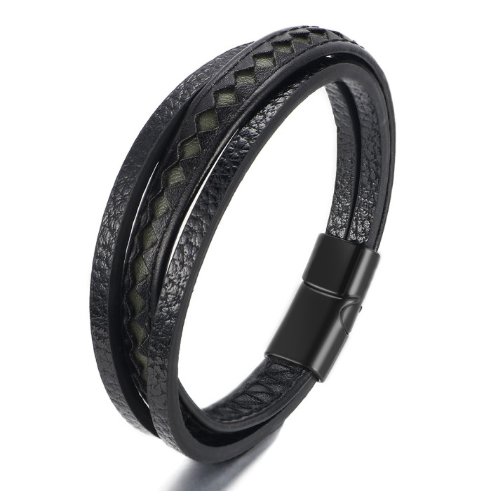 Creative Mixed Color Multi-layer Woven Leather Bracelet Men's Fashion Commuting Simple Magnetic Clasp Bracelet in Stock