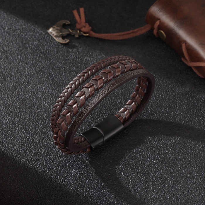 Fashion Woven PU Leather Zinc Alloy Magnetic Clasp Bracelet Handmade Unisex Bangle Trendy Cool Jewelry