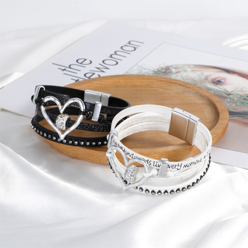 Bohemian Hollow Heart Multi-layer Leather Bracelet with Diamond Inlay and Magnetic Clasp Vintage Ethnic Style Bracelet