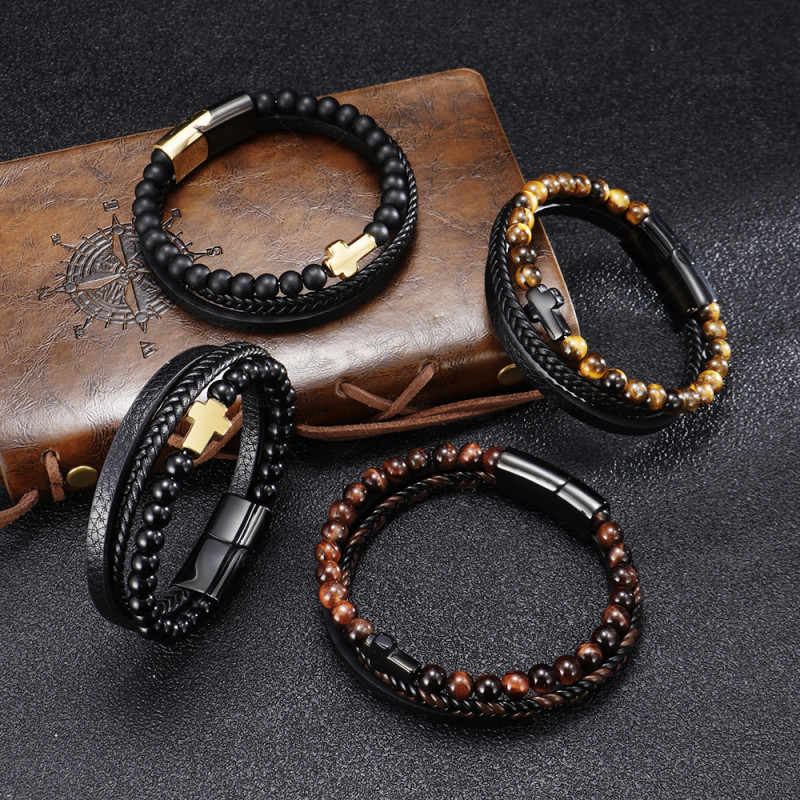 Cross-Border Hot Sale Stainless Steel Natural Tiger Eye Agate Stone Cross Bracelet Men's Titanium Steel Multi-Layer Braided Leather Bracelet