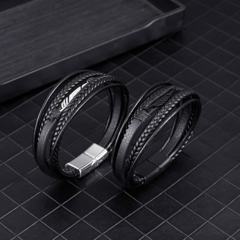 Vintage Style Versatile Alloy Feather Leather Cord Bracelet Wholesale Magnetic Clasp Men's Multi-layer Leather Bracelet Jewelry In Stock