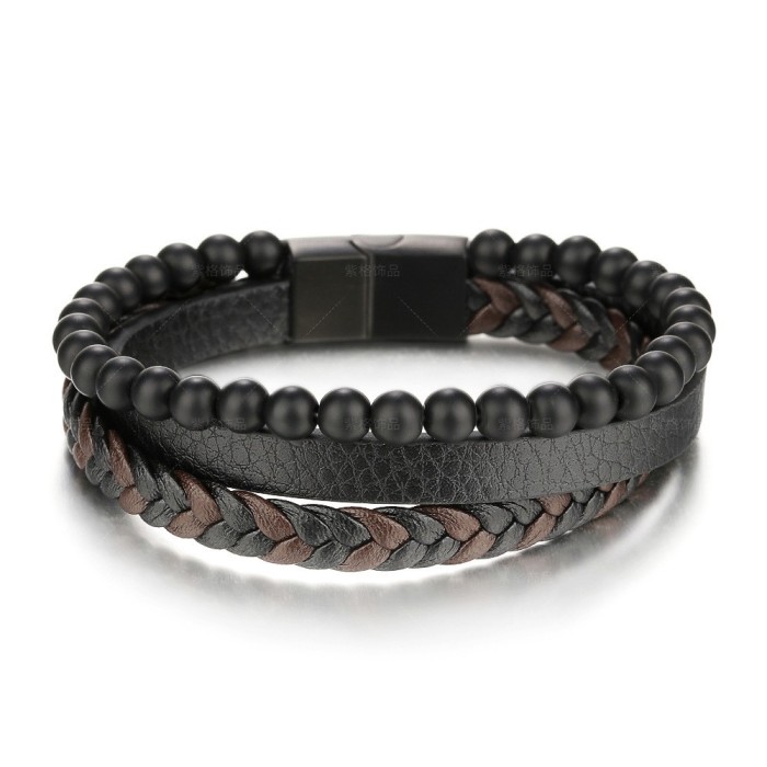 New Natural Frosted Beads Stainless Steel Leather Bracelet Titanium Steel Men's Jewelry Beaded Hand Accessories Accessories