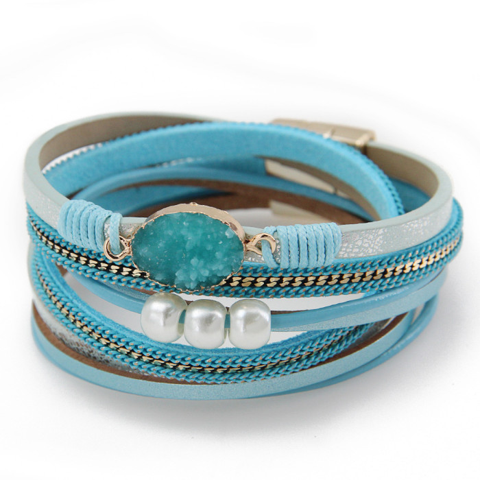 New Product Magnetic Titanium Alloy Leather Rope Woven Pearl Crushed Stone Women's Bracelet Accessories Jewelry Bangle