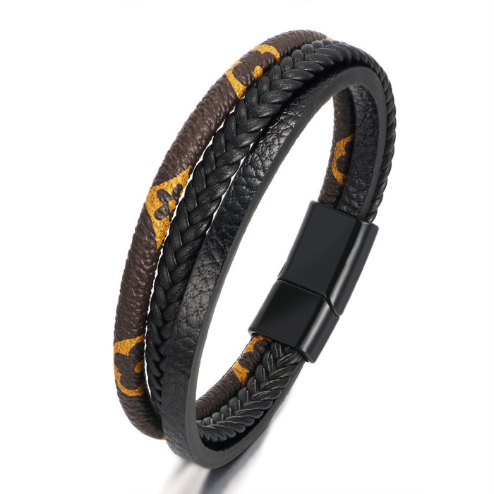 Cross-Border E-commerce Original Vintage Floral Leather Bracelet Unisex Multi-Layer Hand-Woven Magnetic Clasp Bracelet