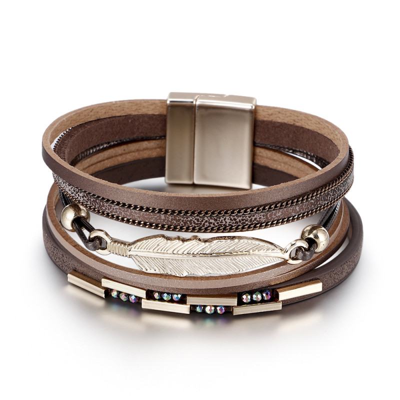 Amazon Hot Selling Handmade Woven Women's Feather Bracelet Wholesale Bohemian Multi-layer Leather Design Bracelet