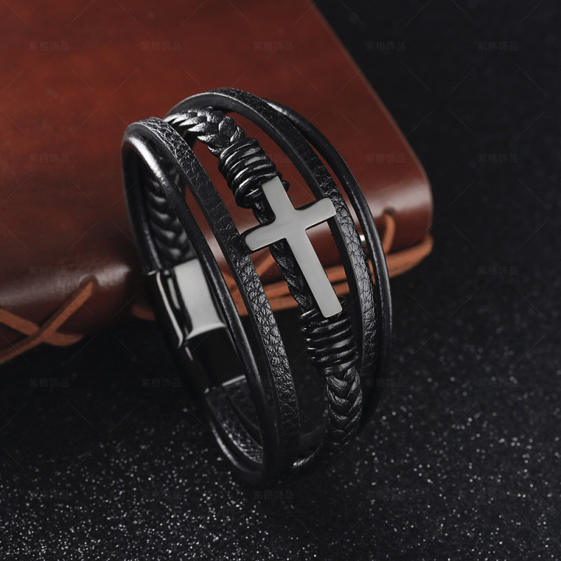 Cross-border E-commerce Woven Handmade Leather Magnetic Clasp Cross Stainless Steel Bracelet Men's Titanium Steel Jewelry New Listing