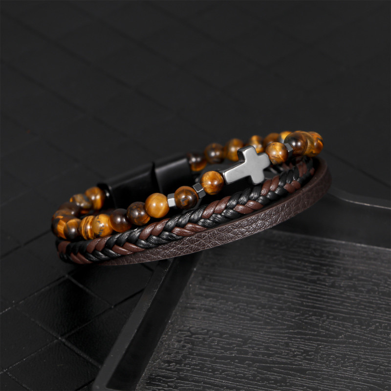 Cross-border Cross Multi-layer Black Gallstone Bracelet Personality Fashion New Woven PU Leather Bracelet Alloy Magnetic Clasp Jewelry