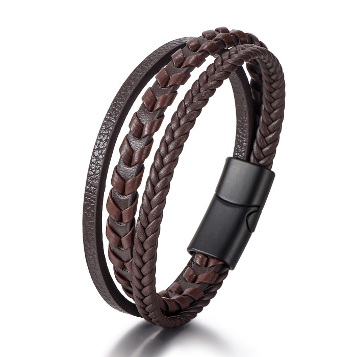 Fashion Woven PU Leather Zinc Alloy Magnetic Clasp Bracelet Handmade Unisex Bangle Trendy Cool Jewelry