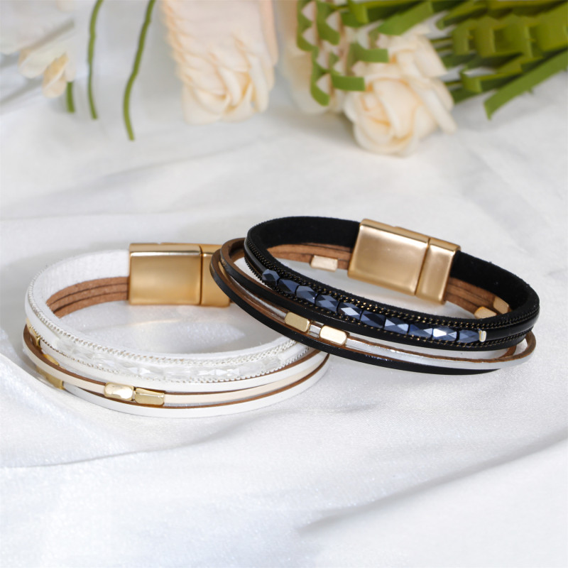 New Bohemian Style Bracelet Multi-layer Leather Beaded Jewelry Metal Beads Handmade European and American Magnetic Clasp Bracelet