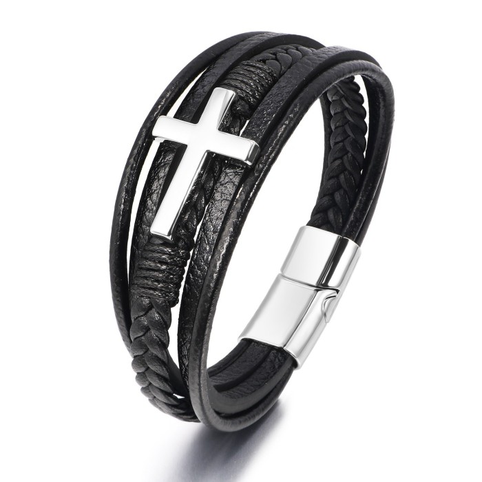 Hot Sale Cross Leather Bracelet Men's Multi-Layer Handmade Braided Rope Magnetic Buckle Leather Bracelet