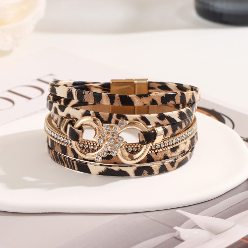 European and American Fashion Multi-layer PU Leather Leopard Print Bracelet for Women Wireless Symbol Inlaid Diamond Geometric Bangle Cross-border Jewelry In Stock