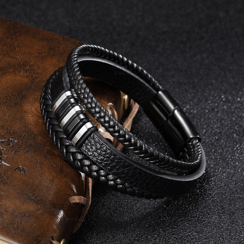 Multi-layer Hand-woven Cow Leather Stainless Steel Men's Bracelet European and American Vintage Jewelry Titanium Steel Bangle Cross-border Accessories