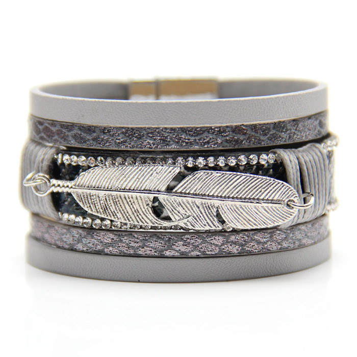 2022 Cross-Border European and American Hot Sale Feather Leather Woven Women's Multi-Layer Bracelet Personalized Leaf Magnetic Clasp Bracelet