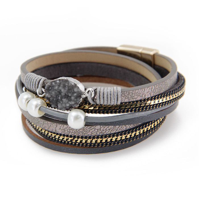 New Product Magnetic Titanium Alloy Leather Rope Woven Pearl Crushed Stone Women's Bracelet Accessories Jewelry Bangle