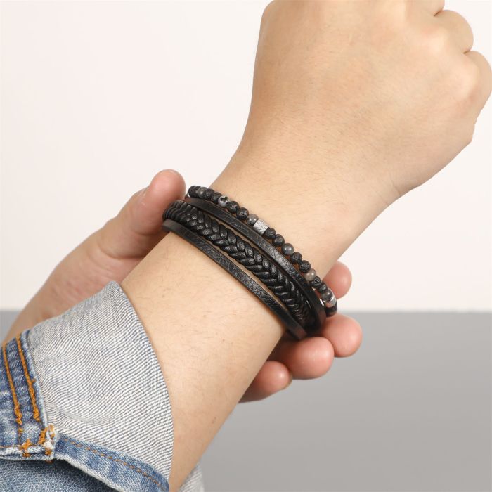 Fashion Versatile Men's Woven Leather Bracelet Simple Natural Stone Beaded Bracelet Stainless Steel Magnetic Clasp Je...