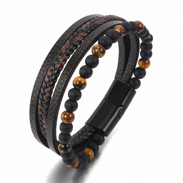 Amazon Hot Selling Natural Tiger Eye Stone Beaded Men's Bracelet Handmade Woven Multi-layer Leather Bracelet in Stock...