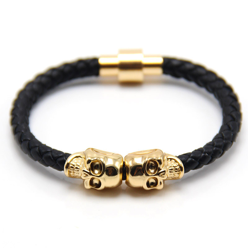 New In-Stock Supply European and American New Men's Cowhide Ghost Head Bracelet Punk Style Skull Bracelet